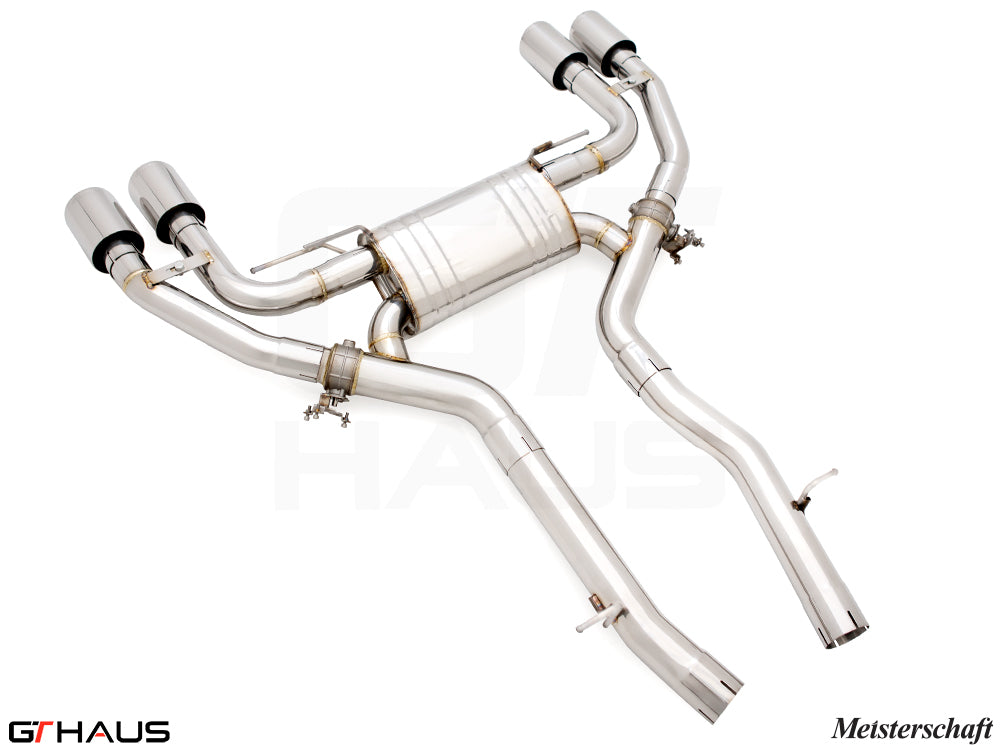 Premium Meisterschaft exhaust system for BMW F98 X4M SAV, featuring T304 stainless steel and quad tips.
