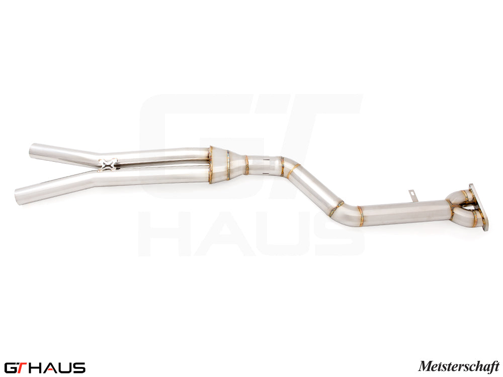 BMW F98 X4M 2022+ full cat-back 90mm single LX mid resonator delete pipes in polished stainless steel.