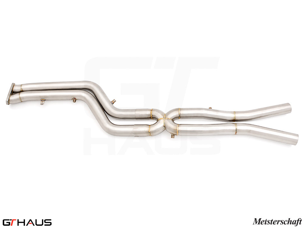 BMW F98 X4M 2022+ full cat-back 76mm dual LSR mid resonator delete pipes in polished stainless steel finish.