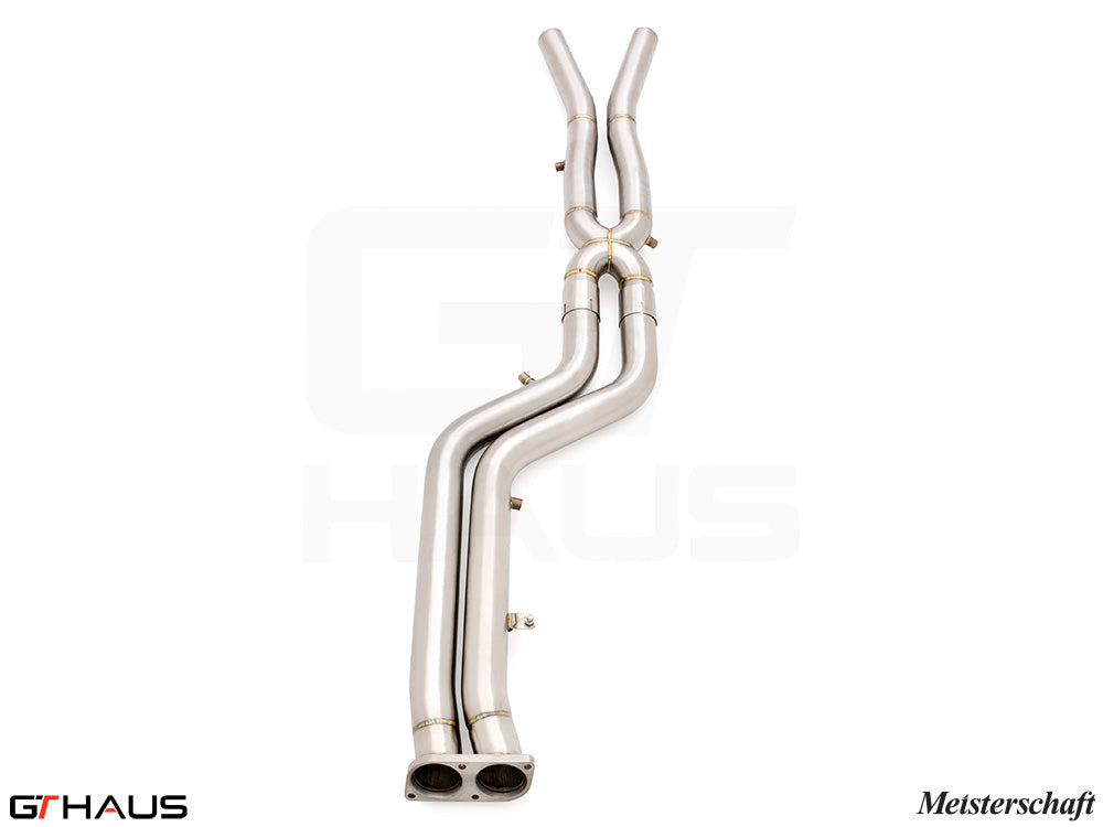 Full cat-back 76mm dual LSR mid resonator delete pipes for BMW F98 X4M SAV 2022+, crafted from high-quality stainless steel.