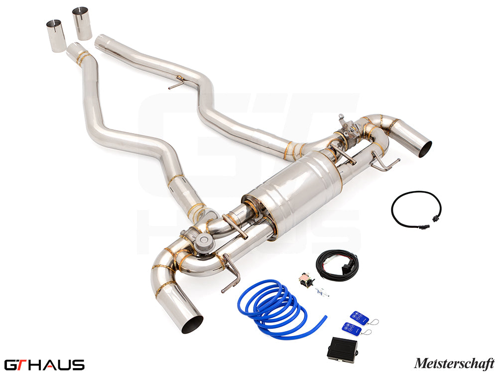 Premium Meisterschaft exhaust system for BMW G20 340i/xi/M340i, featuring stainless steel construction and electronic valve control.