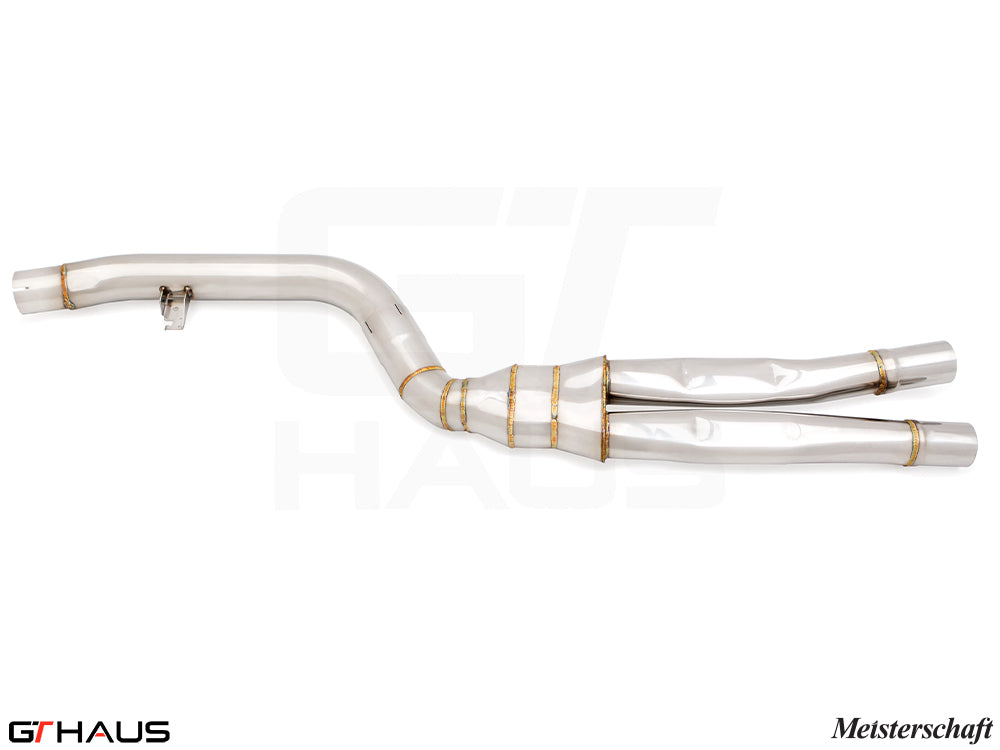 BMW G20 3 Series 340i/xi/(M340i) 2023+ full cat-back LSR mid resonator delete pipes in polished stainless steel.