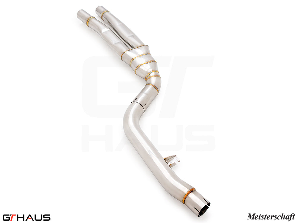 BMW G20 3 Series 340i/xi/M340i LCI I-6 full cat-back LSR mid resonator delete pipes in polished stainless steel.