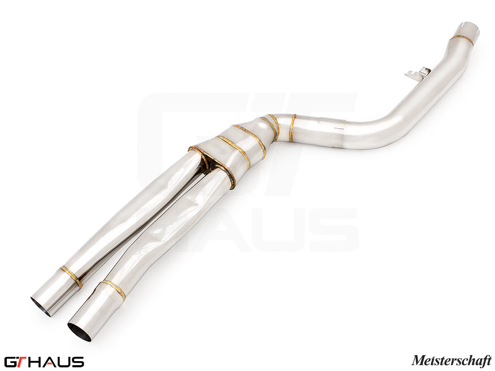 BMW G20 3 Series 340i/xi/M340i 2023+ full cat-back LSR mid resonator delete pipes in polished stainless steel finish.