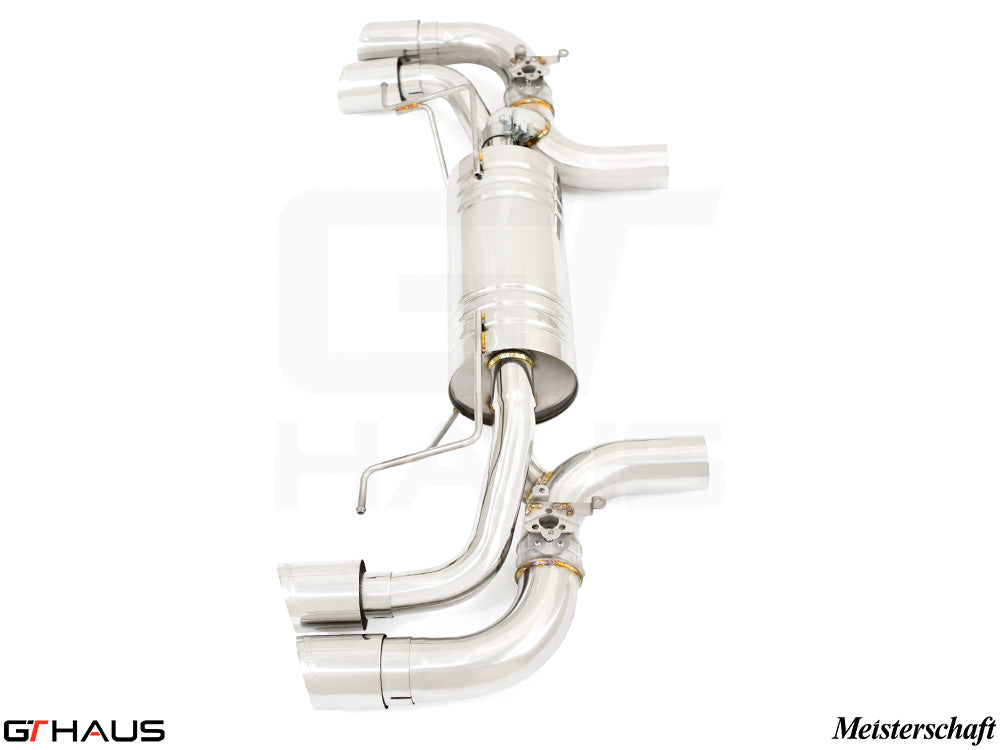Premium exhaust system for BMW G30/G31 5 Series 550i/xi Bi-turbo V8, featuring polished stainless steel construction.