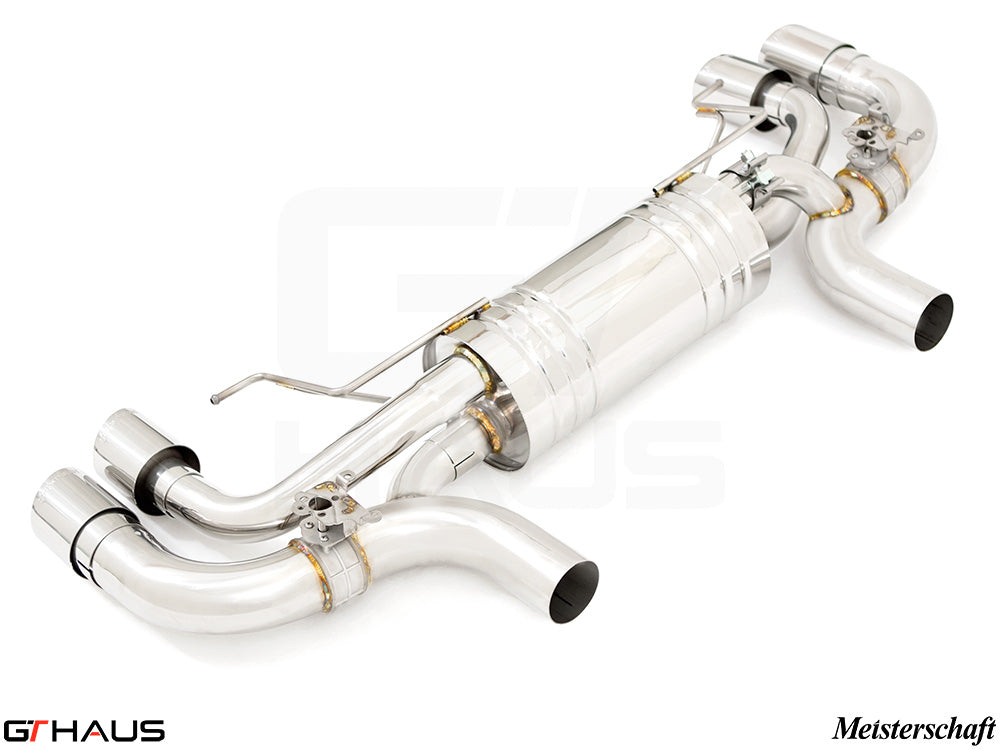 Premium stainless steel exhaust system for BMW G30/G31 550i/xi Bi-turbo V8, featuring dual tips and electronic valve control.