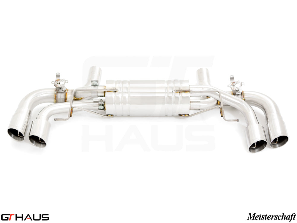 Premium exhaust system for BMW G30/G31 5 Series 550i/xi Bi-turbo V8, featuring polished stainless steel and dual tips.