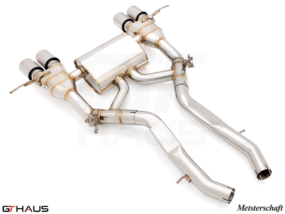 Premium Meisterschaft exhaust system for BMW G80/82/83 M3/M4, featuring polished stainless steel construction and dual tips.
