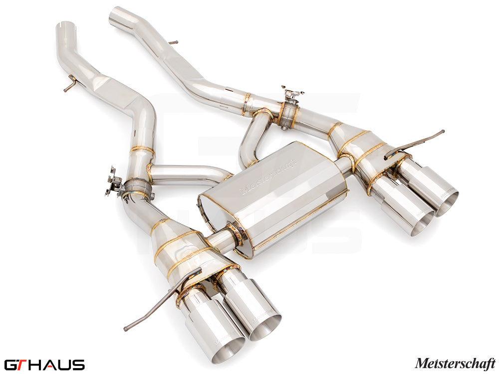 Premium Meisterschaft exhaust system for BMW G80/82/83 M3/M4, featuring polished stainless steel and dual tips.