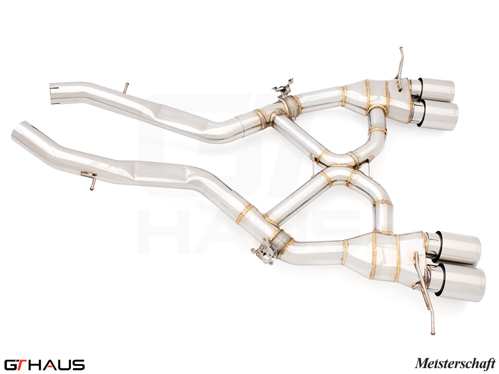Premium stainless steel exhaust system for BMW G80/82/83 M3/M4 I-6 Turbo, featuring dual tips and precision craftsmanship.