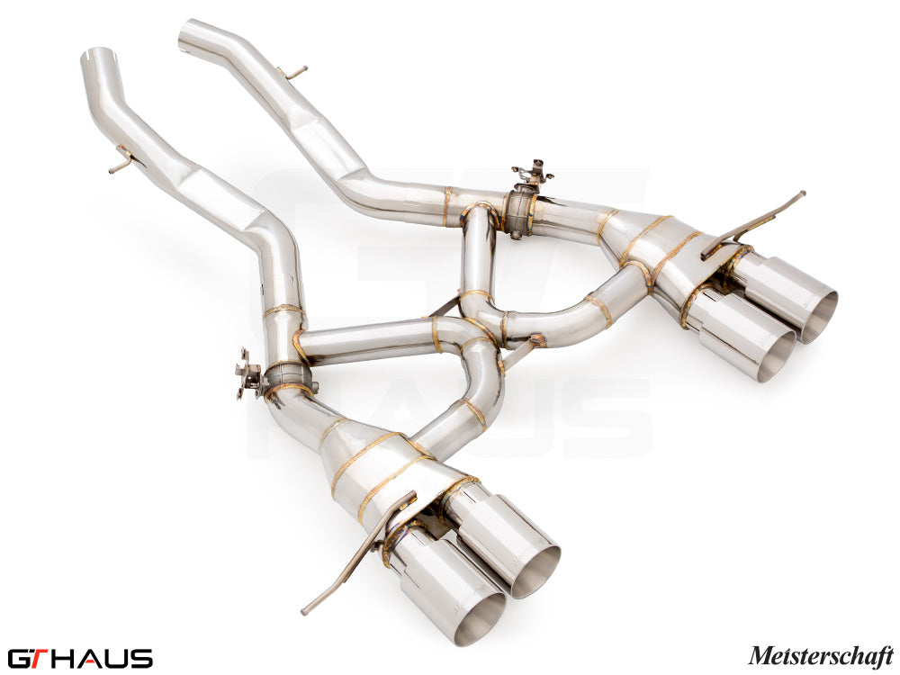 Premium Meisterschaft exhaust system for BMW G80/82/83 M3/M4, featuring stainless steel construction and quad tips.
