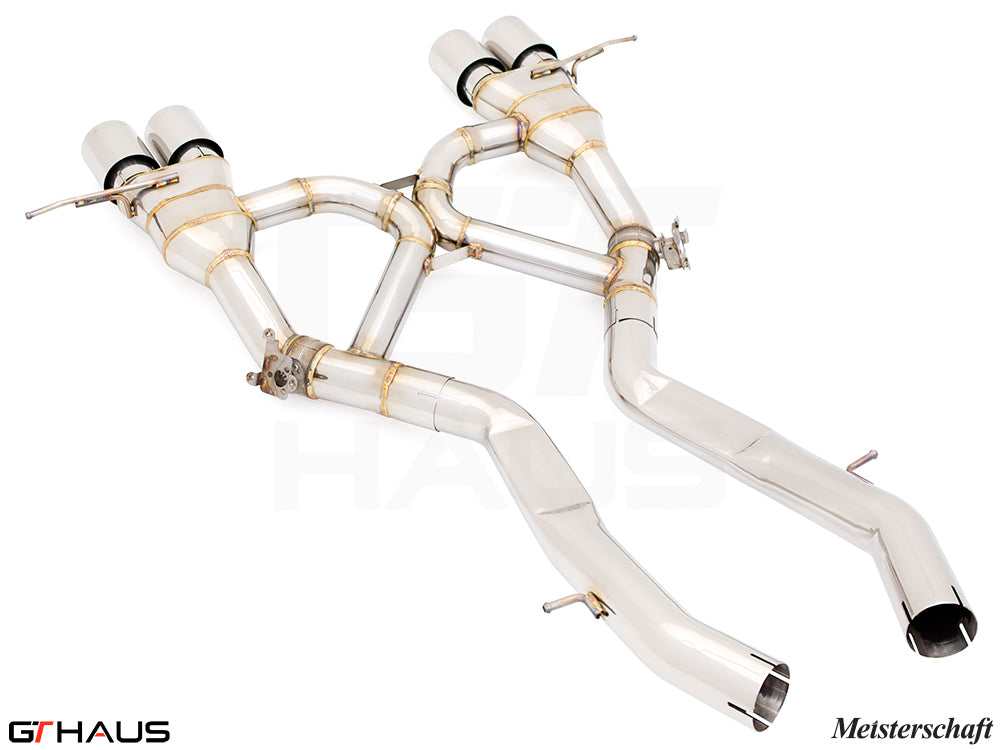 Premium Meisterschaft exhaust system for BMW G80/82/83 M3/M4, featuring stainless steel construction and dual tips.