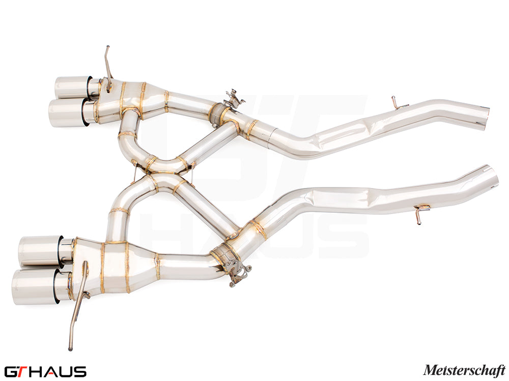 Premium Meisterschaft exhaust system for BMW G80/82/83 M3/M4, featuring stainless steel construction and dual tips.