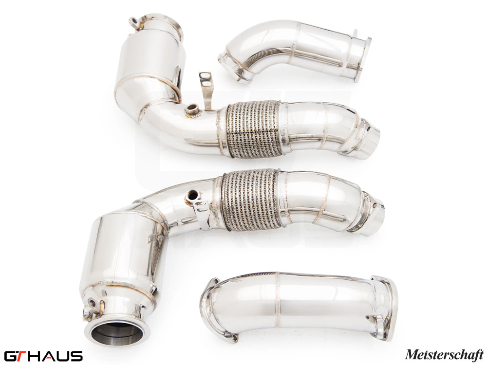 Premium stainless steel down pipes for BMW G90 M5 Sedan and G99 M5 Wagon 2024+, featuring 400 CEL sport cats.