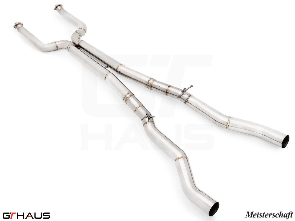 LSR mid resonator delete pipes for BMW G90 M5 Sedan and G99 M5 Wagon, featuring 90mm full cat-back stainless steel piping.