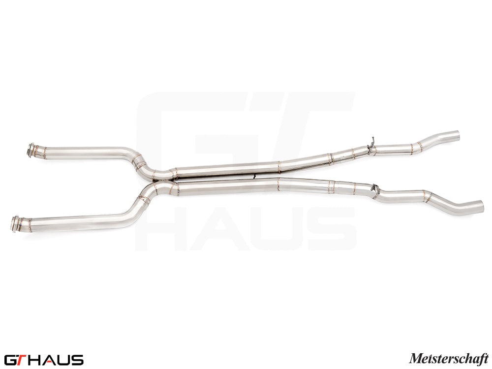 Premium stainless steel mid resonator delete pipes for BMW G90 M5 Sedan and G99 M5 Wagon, featuring 90mm piping.