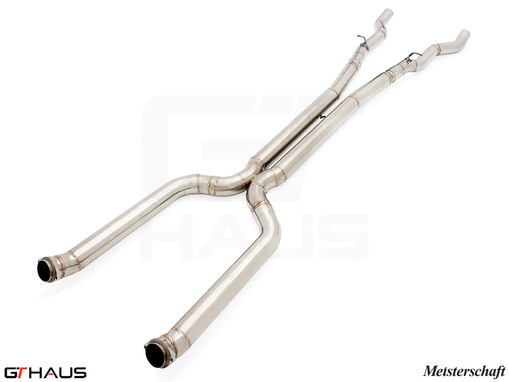 Premium LSR mid resonator delete pipes for BMW G90 M5 Sedan and G99 M5 Wagon, featuring 90mm full cat-back piping.