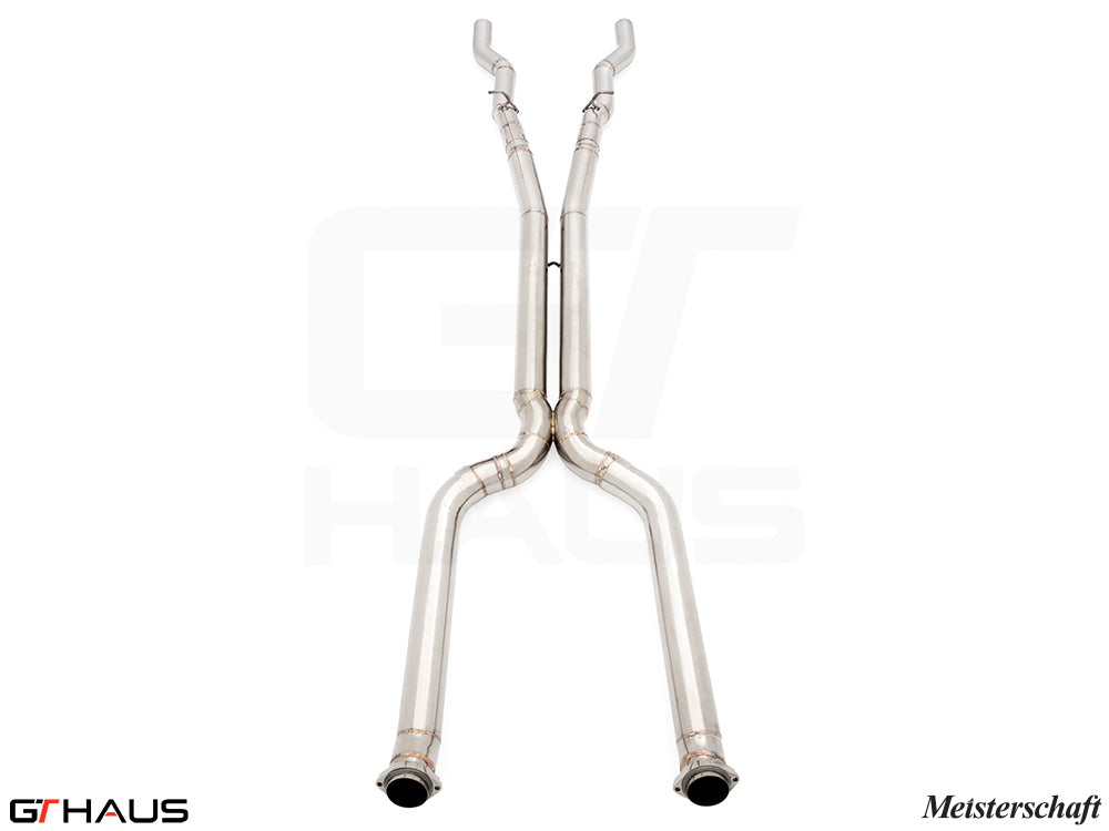 LSR Mid Resonator Delete Pipes for BMW G90 M5 Sedan and G99 M5 Wagon, featuring 90mm full cat-back stainless steel piping.