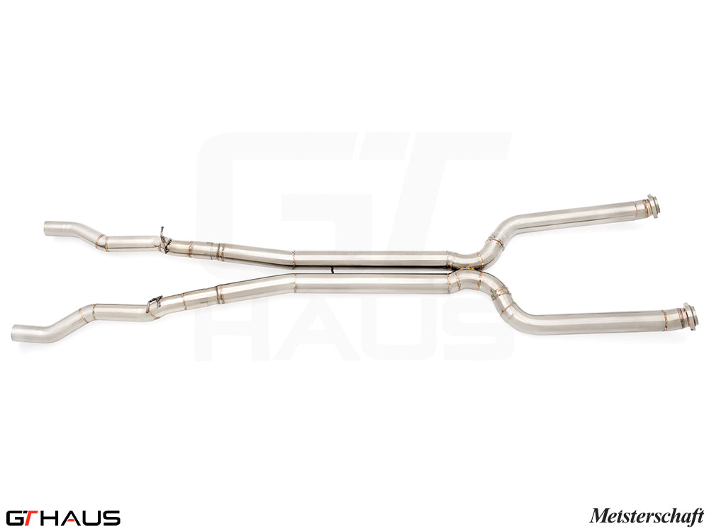 Premium stainless steel mid resonator delete pipes for BMW G90 M5 Sedan and G99 M5 Wagon, featuring 90mm piping.