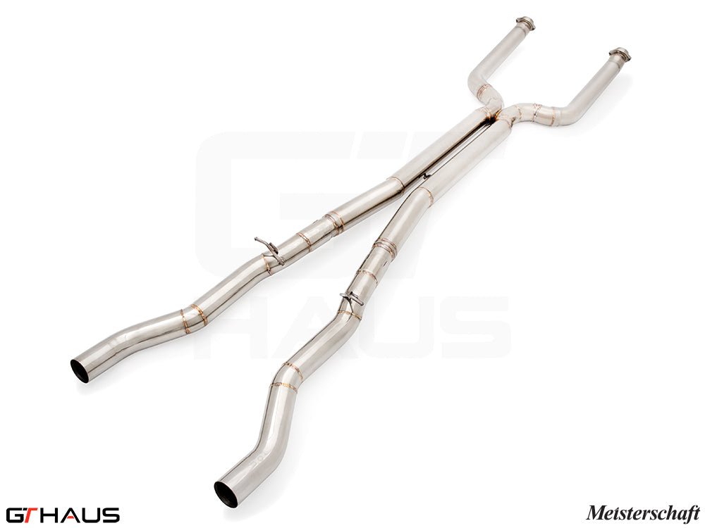 Premium stainless steel mid resonator delete pipes for BMW G90 M5 Sedan and G99 M5 Wagon, featuring 90mm piping.