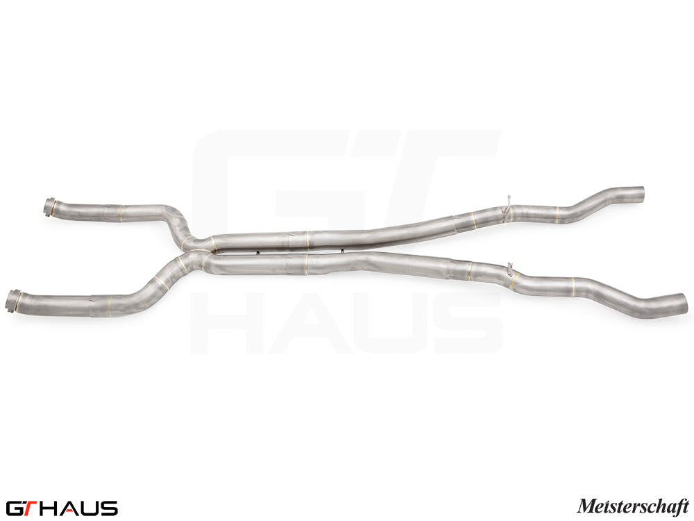 LSR mid resonator delete pipes for BMW G90 M5 Sedan and G99 M5 Wagon, featuring 90mm full cat-back stainless steel piping.