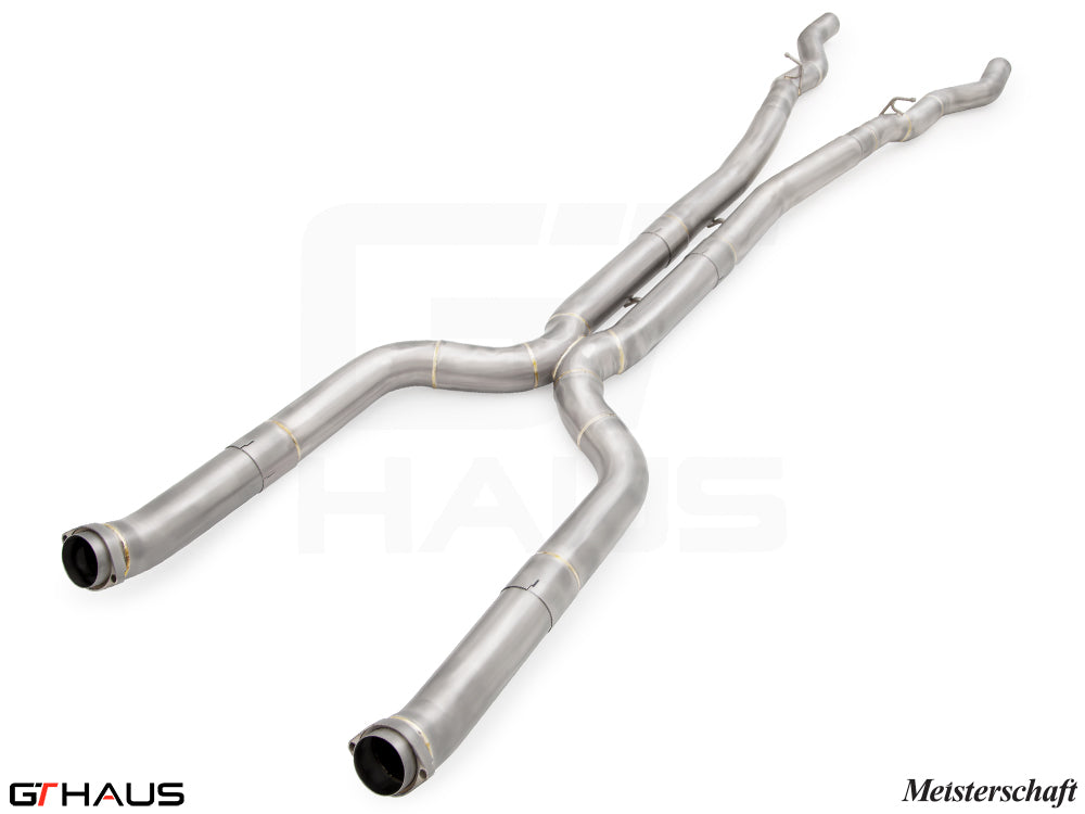 LSR mid resonator delete pipes for BMW G90 M5 Sedan and G99 M5 Wagon, featuring 90mm full cat-back piping.