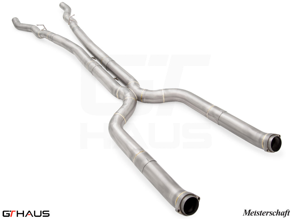 LSR mid resonator delete pipes for BMW G90 M5 Sedan and G99 M5 Wagon 2024+, featuring 90mm stainless steel piping.