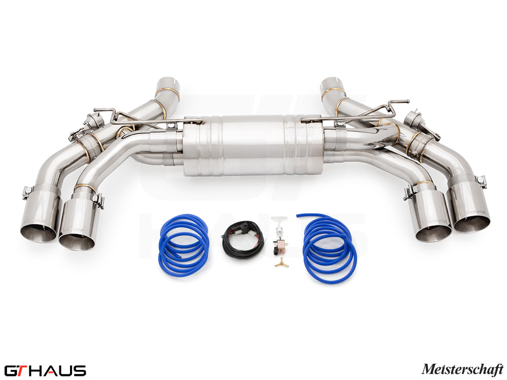Premium exhaust system for BMW G90 M5 Sedan and G99 M5 Wagon, featuring dual V8 twin turbo hybrid design and electronic valve control.