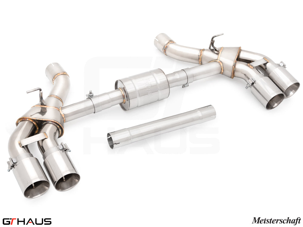 Premium exhaust system for BMW G90 M5 Sedan and G99 M5 Wagon, featuring stainless steel construction and dual tips.