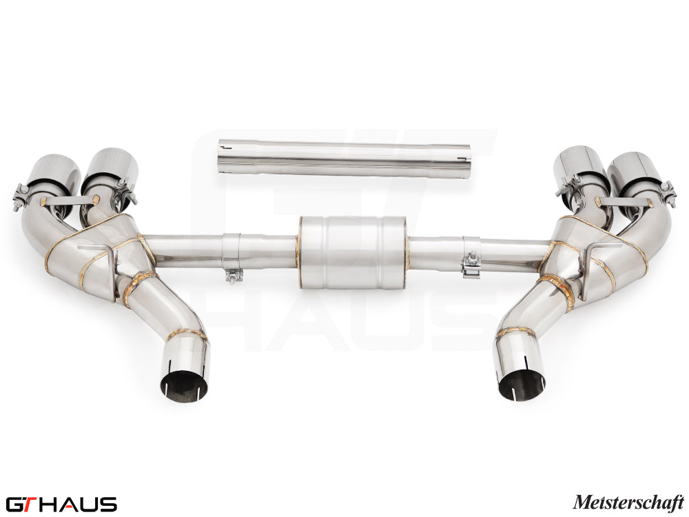 Premium exhaust system for BMW G90 M5 Sedan and G99 M5 Wagon, featuring stainless steel construction and dual tips.