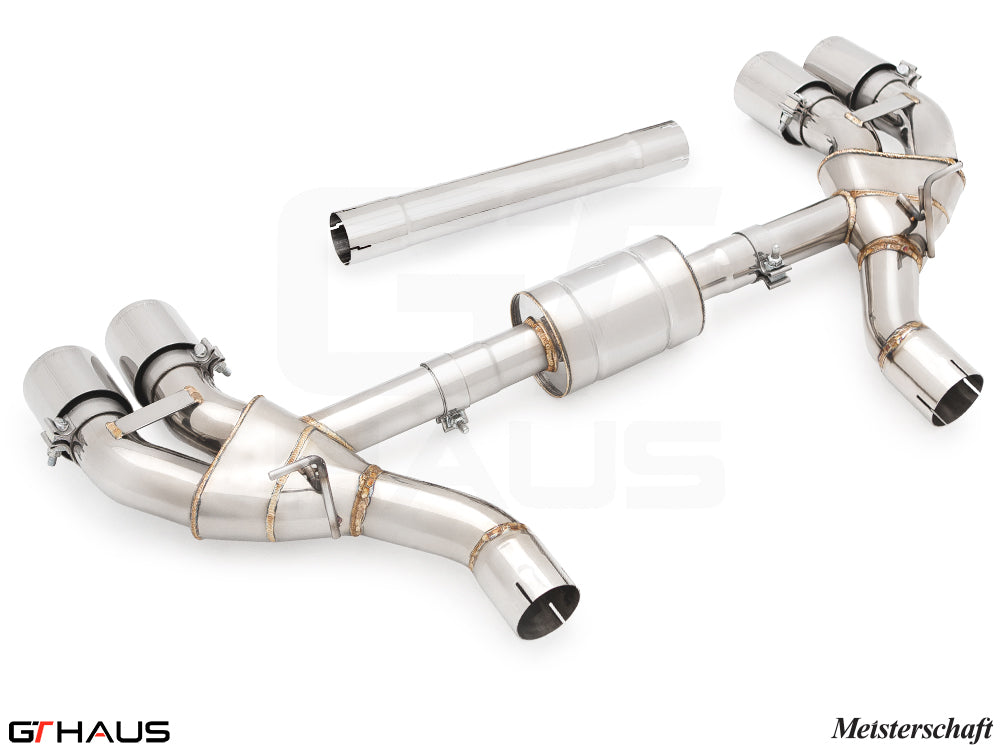 Premium stainless steel exhaust system for BMW G90 M5 Sedan and G99 M5 Wagon, featuring Meisterschaft craftsmanship.