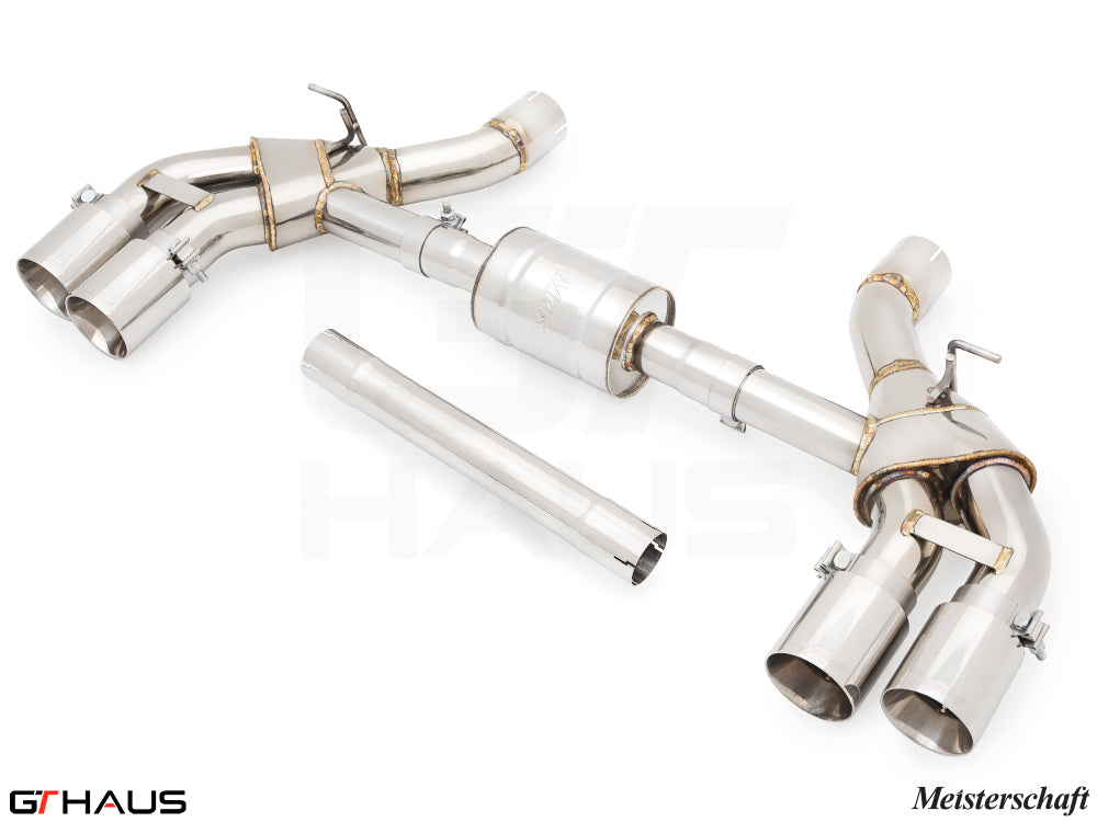 Premium performance exhaust system for BMW G90 M5 Sedan and G99 M5 Wagon, featuring stainless steel construction and dual tips.