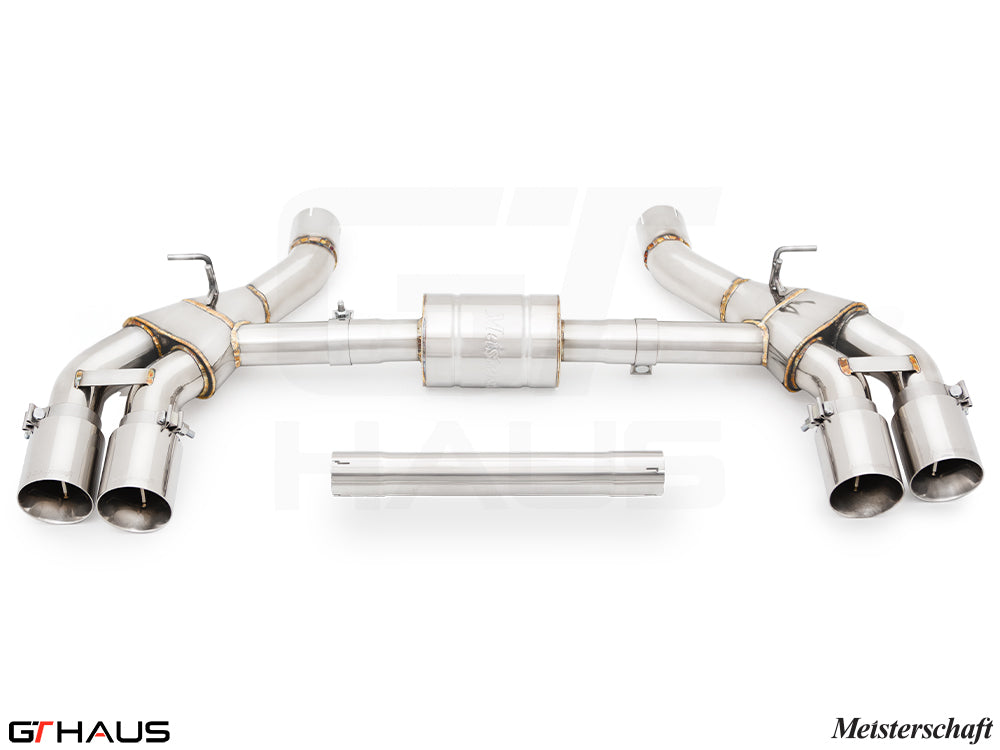 Premium exhaust system for BMW G90 M5 Sedan and G99 M5 Wagon, featuring stainless steel construction and quad tips.