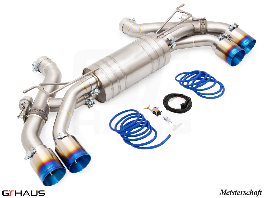 Premium exhaust system for BMW G90 M5 Sedan and G99 M5 Wagon, featuring V8 twin turbo hybrid design and blue tips.