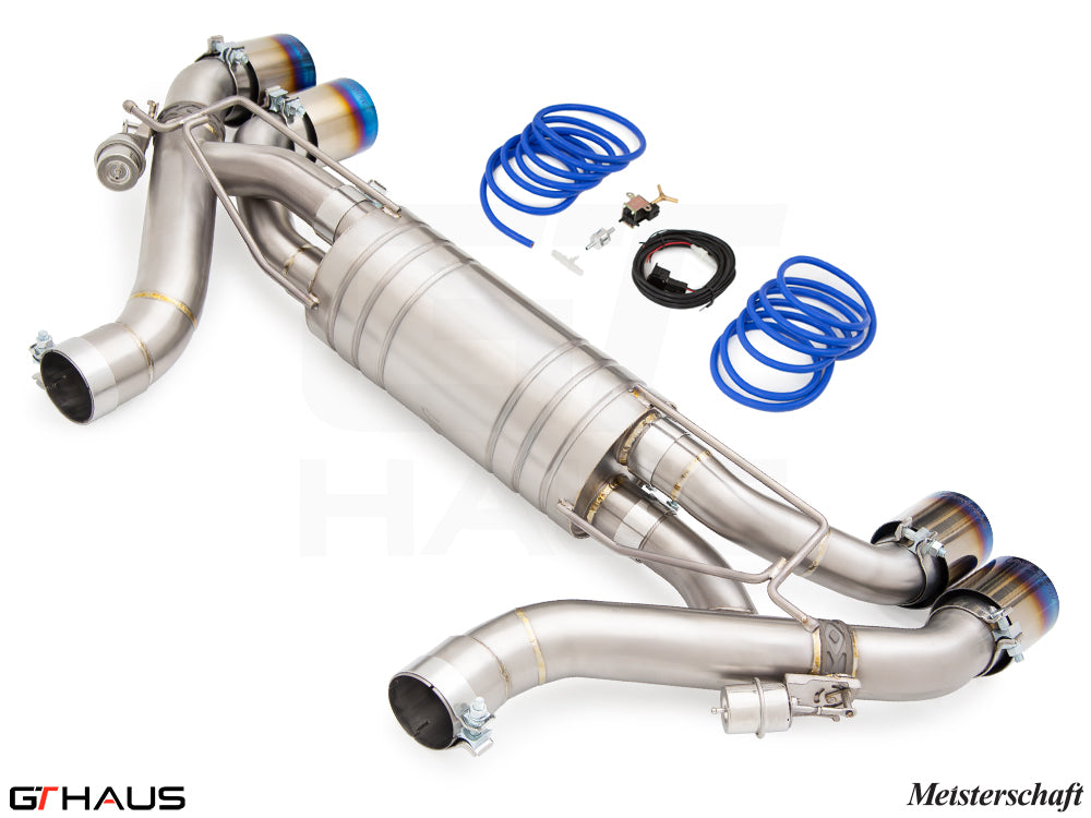 Premium Meisterschaft exhaust system for 2024+ BMW G90 M5 Sedan and G99 M5 Wagon, featuring V8 twin turbo hybrid design.