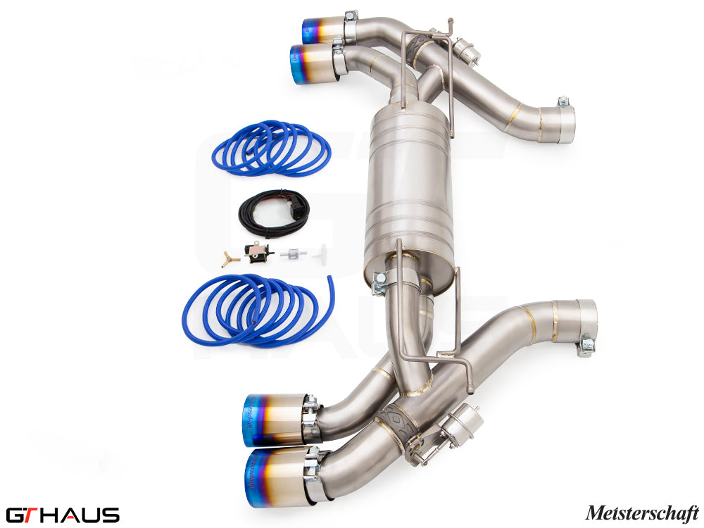 Premium exhaust system for BMW G90 M5 Sedan and G99 M5 Wagon, featuring V8 twin turbo hybrid design and Meisterschaft branding.