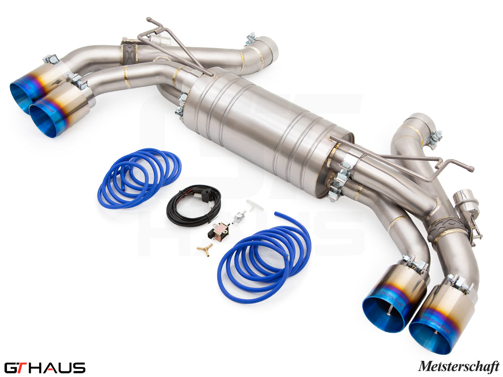 Premium exhaust system for BMW G90 M5 Sedan and G99 M5 Wagon, featuring V8 twin turbo hybrid design and Meisterschaft branding.