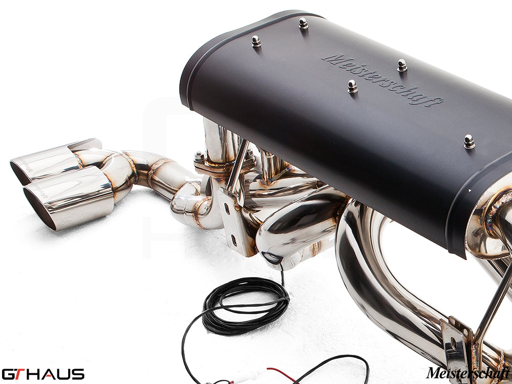 Premium Meisterschaft exhaust system for Ferrari F430 Coupe/Spider, featuring polished stainless steel and electronic valve control.