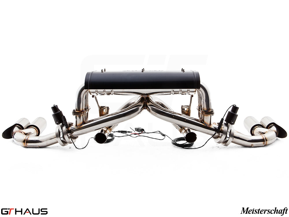 Meisterschaft exhaust system for Ferrari F430 Coupe/Spider, featuring stainless steel construction and electronic valve control.