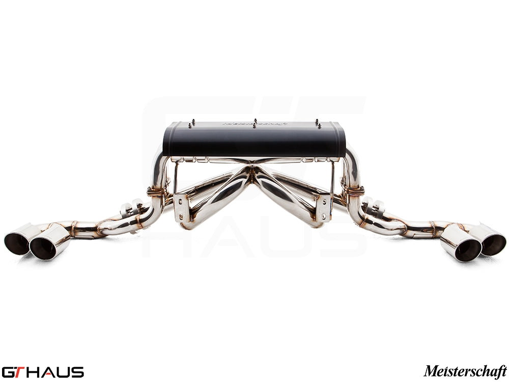 Premium Meisterschaft exhaust system for Ferrari F430 Coupe/Spider, featuring polished stainless steel and quad tips.