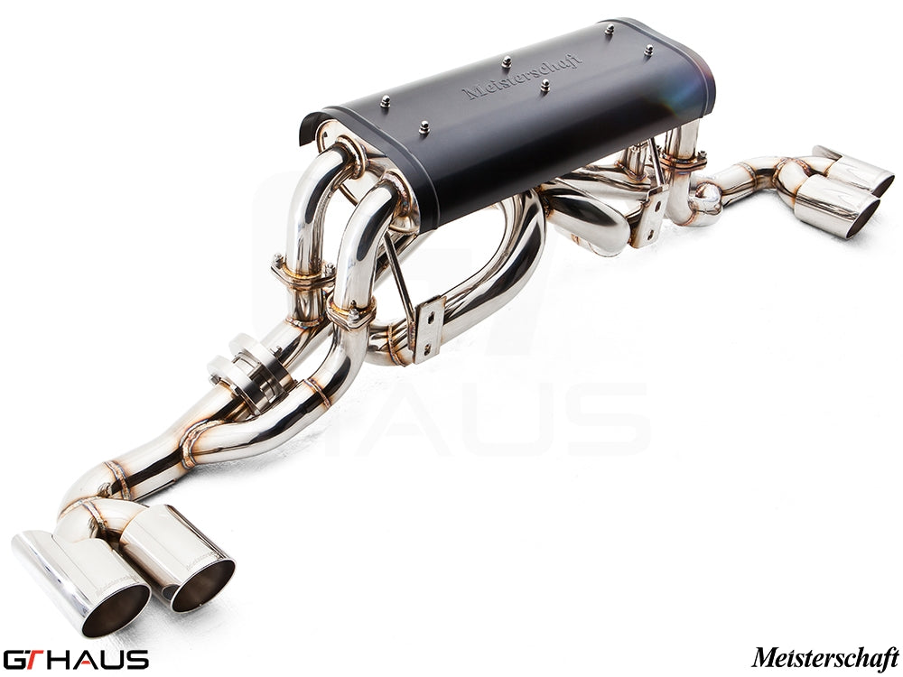 Meisterschaft exhaust system for Ferrari F430 Coupe and Spider, featuring polished stainless steel and dual tips.