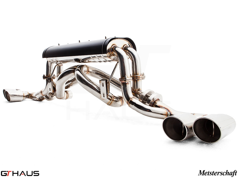 Premium performance exhaust system for Ferrari F430 Coupe/Spider, featuring stainless steel construction and dual tips.