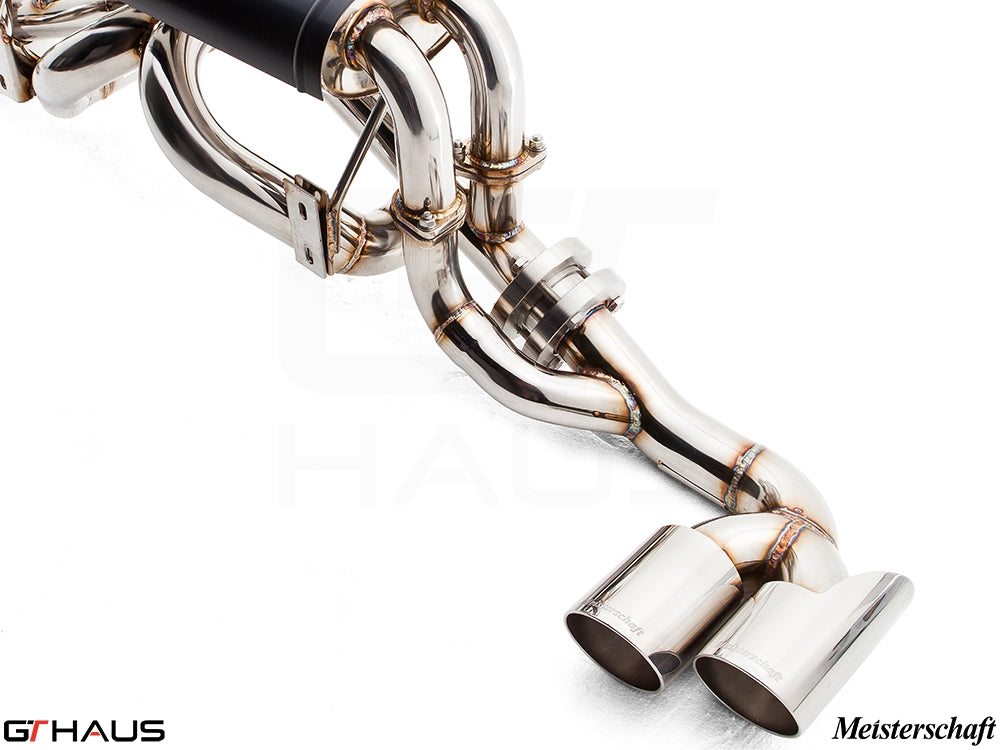 Premium stainless steel exhaust system for Ferrari F430 Coupe and Spider, showcasing sleek design and craftsmanship.