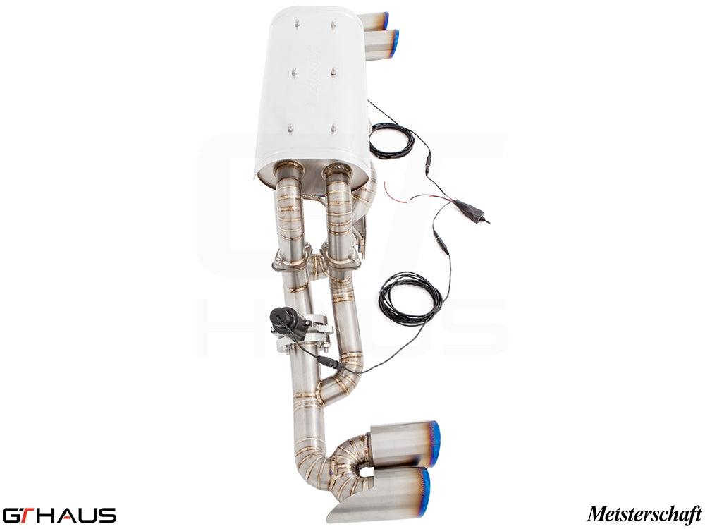 Premium Meisterschaft exhaust system for Ferrari F430 Coupe/Spider, featuring stainless steel construction and electronic valve control.