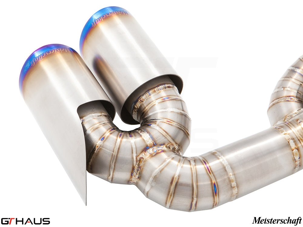 Premium Meisterschaft exhaust system for Ferrari F430 Coupe/Spider featuring polished stainless steel tips and precision welding.