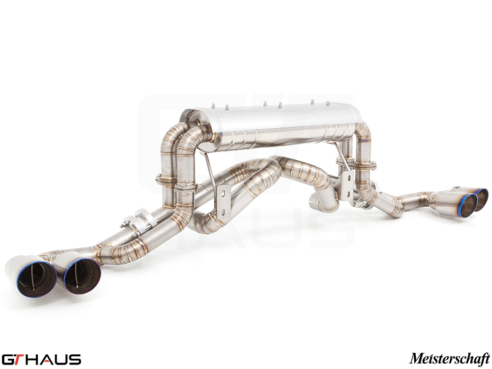 Premium Meisterschaft exhaust system for Ferrari F430 Coupe/Spider, featuring T304 stainless steel construction and dual tips.
