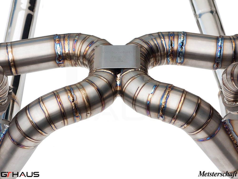 Premium stainless steel exhaust system for Ferrari F430 Scuderia Coupe, showcasing precision welds and craftsmanship.