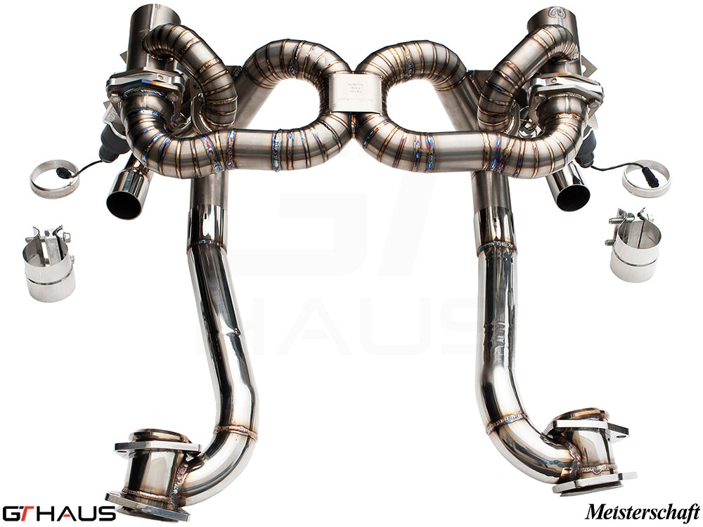 Premium stainless steel exhaust system for Ferrari F430 Scuderia Coupe, featuring dual tips and electronic valve control.