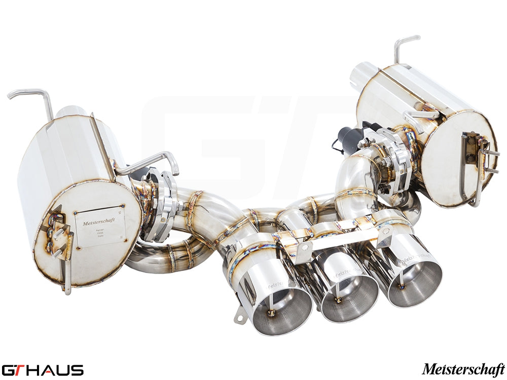 Premium Meisterschaft exhaust system for Ferrari F458 V8 Coupe/Spider, featuring stainless steel construction and electronic valve control.