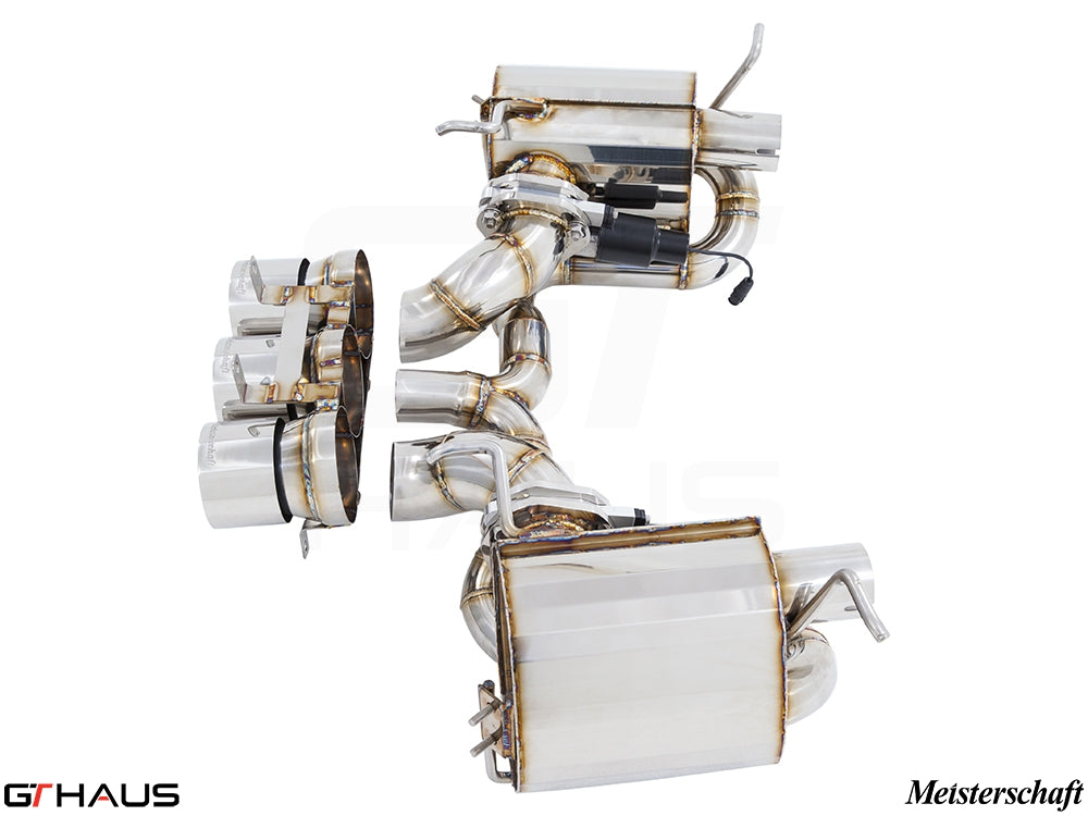 Premium Meisterschaft exhaust system for Ferrari F458 V8 Coupe and Spider, featuring stainless steel construction and electronic valve control.